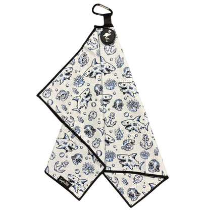 Under the Sea Golf Towel | 24” x 16” Microfiber Towel | Magnetic Clip & Carabiner | Premium Golf Accessory | Shark by Logie Joe's Golf