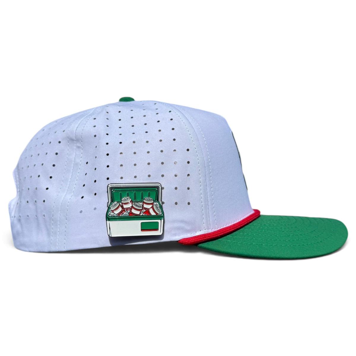 Vintage Cooler Golf Hat | Snapback Cap | Built-in Magnetic Ball Marker Holder + Marker Included | Adjustable White Green Beverages by Logie Joe's Golf