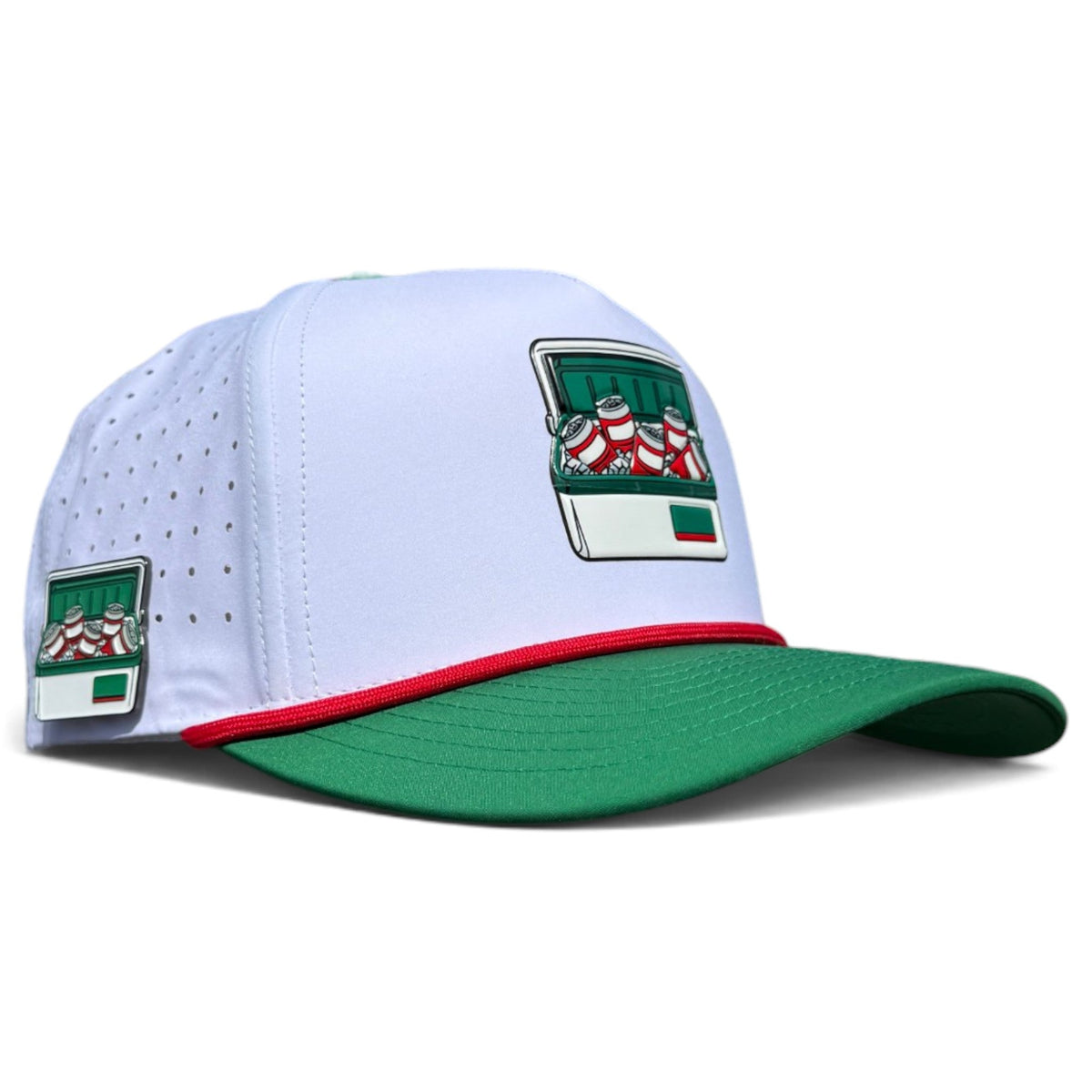 Vintage Cooler Golf Hat | Snapback Cap | Built-in Magnetic Ball Marker Holder + Marker Included | Adjustable White Green Beverages by Logie Joe's Golf