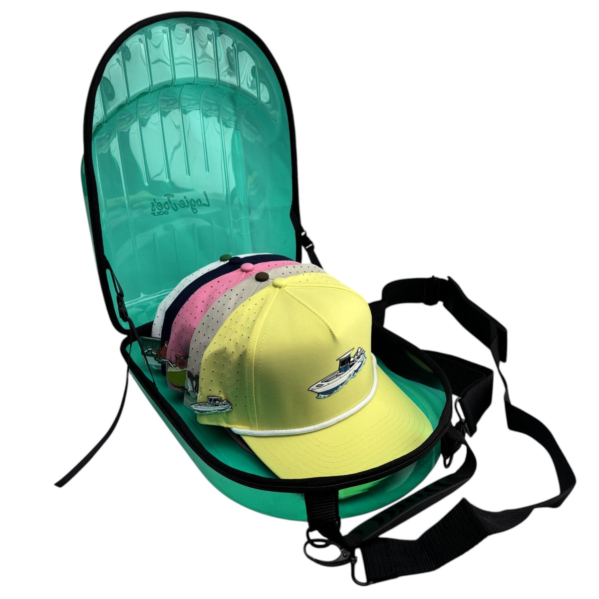 Emerald Green Hat Caddy Travel Case | Hard Shell Hat Carrier Holds Up to 8 Hats | Emerald Green Protective Hat Storage Case with Adjustable Shoulder Strap by Logie Joe's Golf