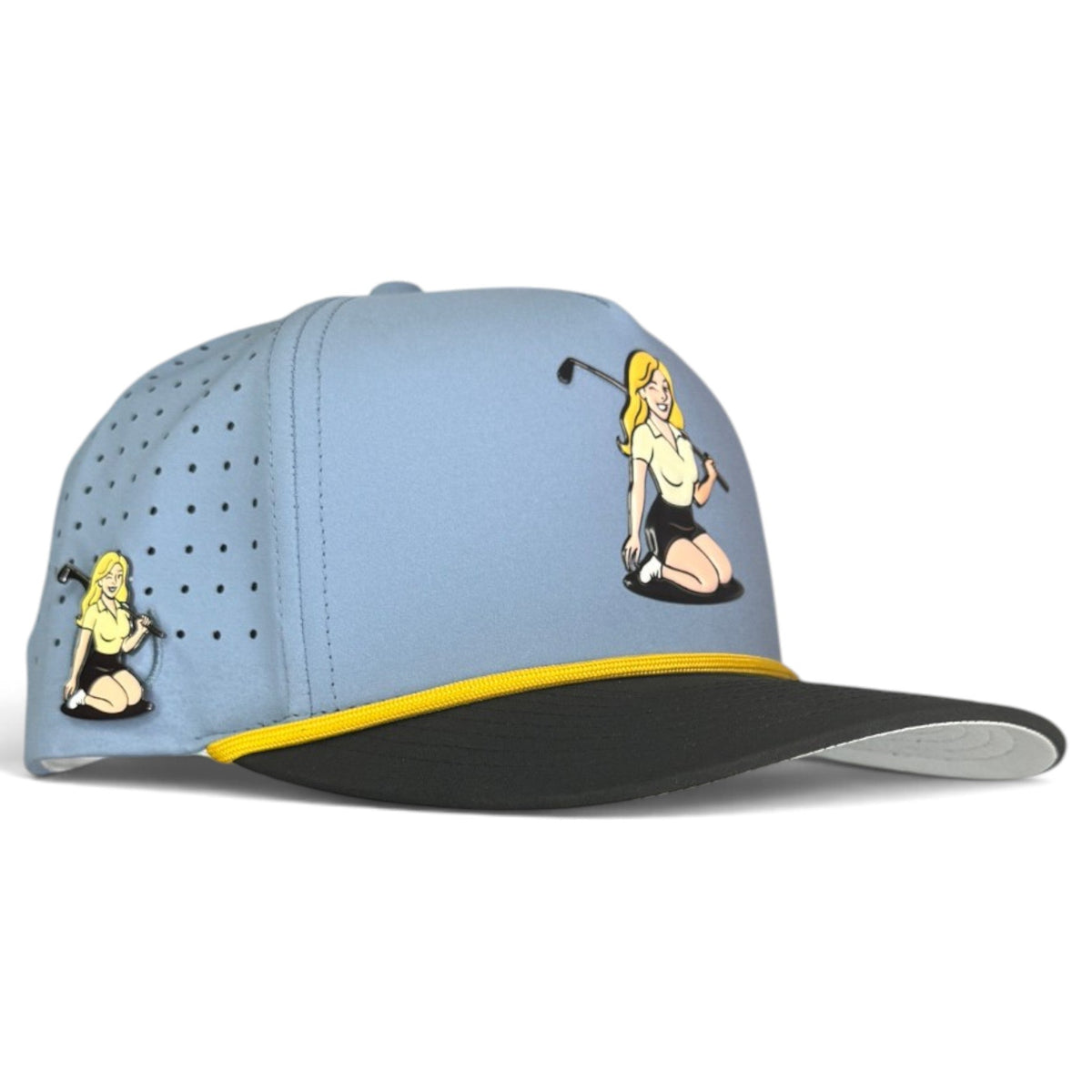 Fore the Boys Golf Hat | Snapback Cap | Built-in Magnetic Ball Marker Holder + Marker Included | Adjustable Blonde Light Blue by Logie Joe's Golf