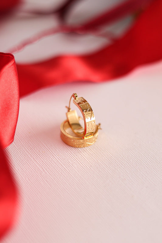 Rose & Clay "All My Love" 22mm hoop earrings with engraved heart pattern, gold or silver