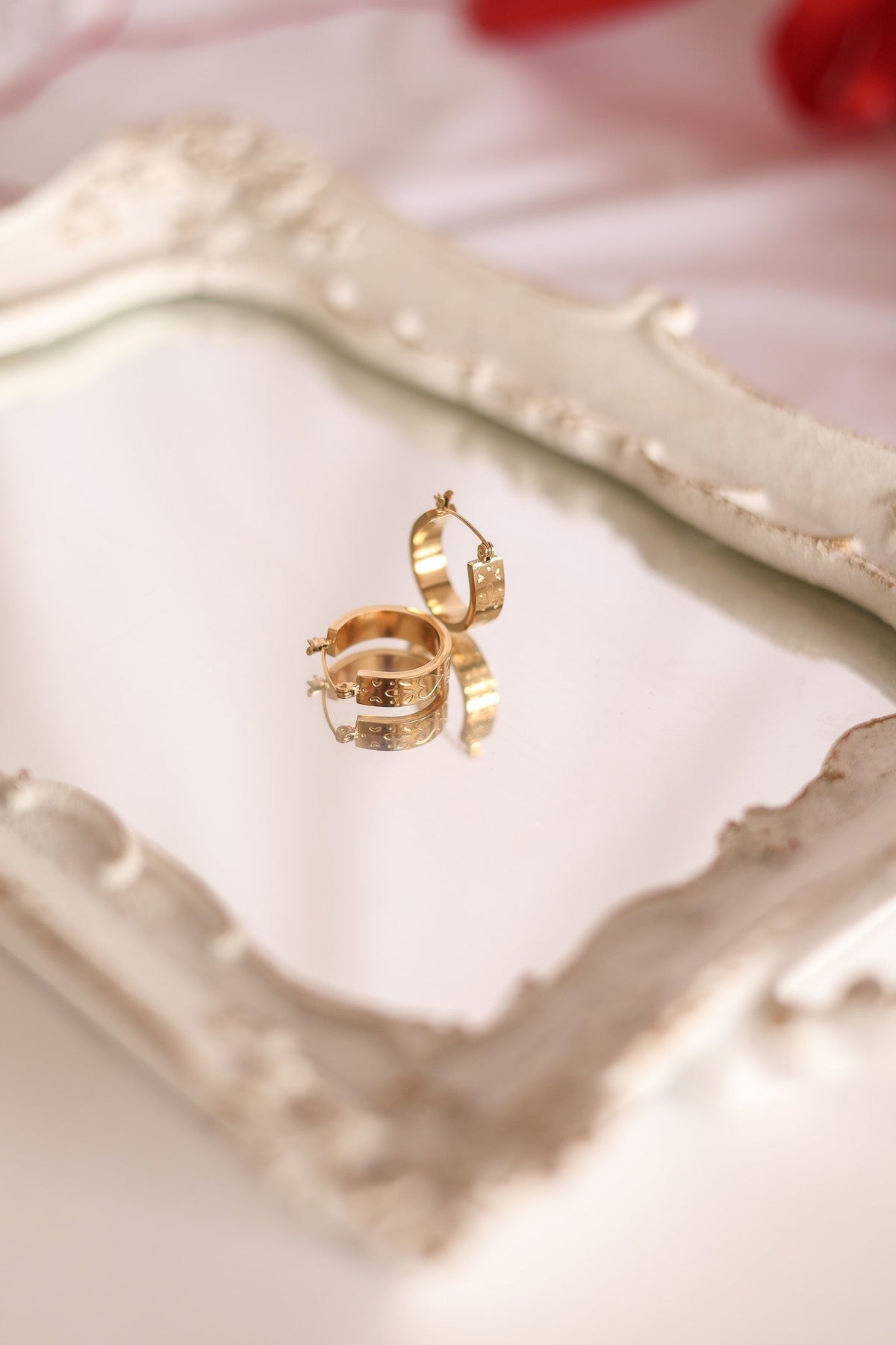 Rose & Clay "All My Love" 22mm hoop earrings with engraved heart pattern, gold or silver