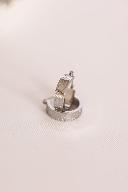 Rose & Clay "All My Love" 22mm hoop earrings with engraved heart pattern, gold or silver