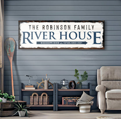 Family River House Arrow Sign by Tailored Canvases