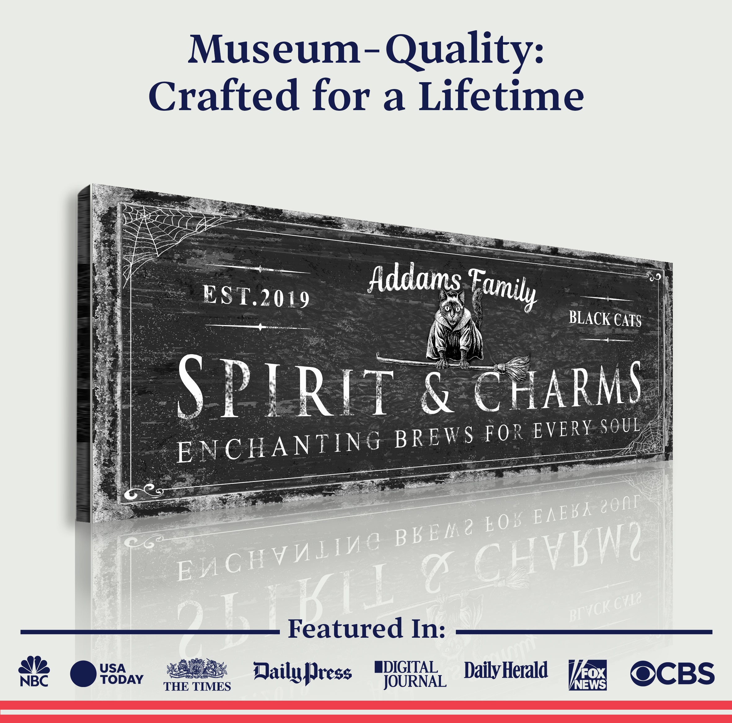 Black Cat’s Spirits & Charms Bar Halloween Sign by Tailored Canvases