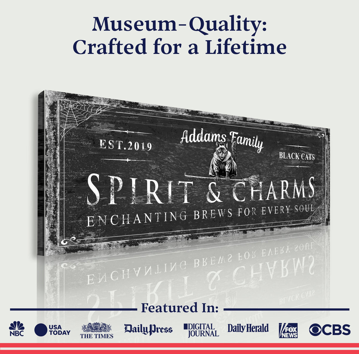 Black Cat’s Spirits & Charms Bar Halloween Sign by Tailored Canvases