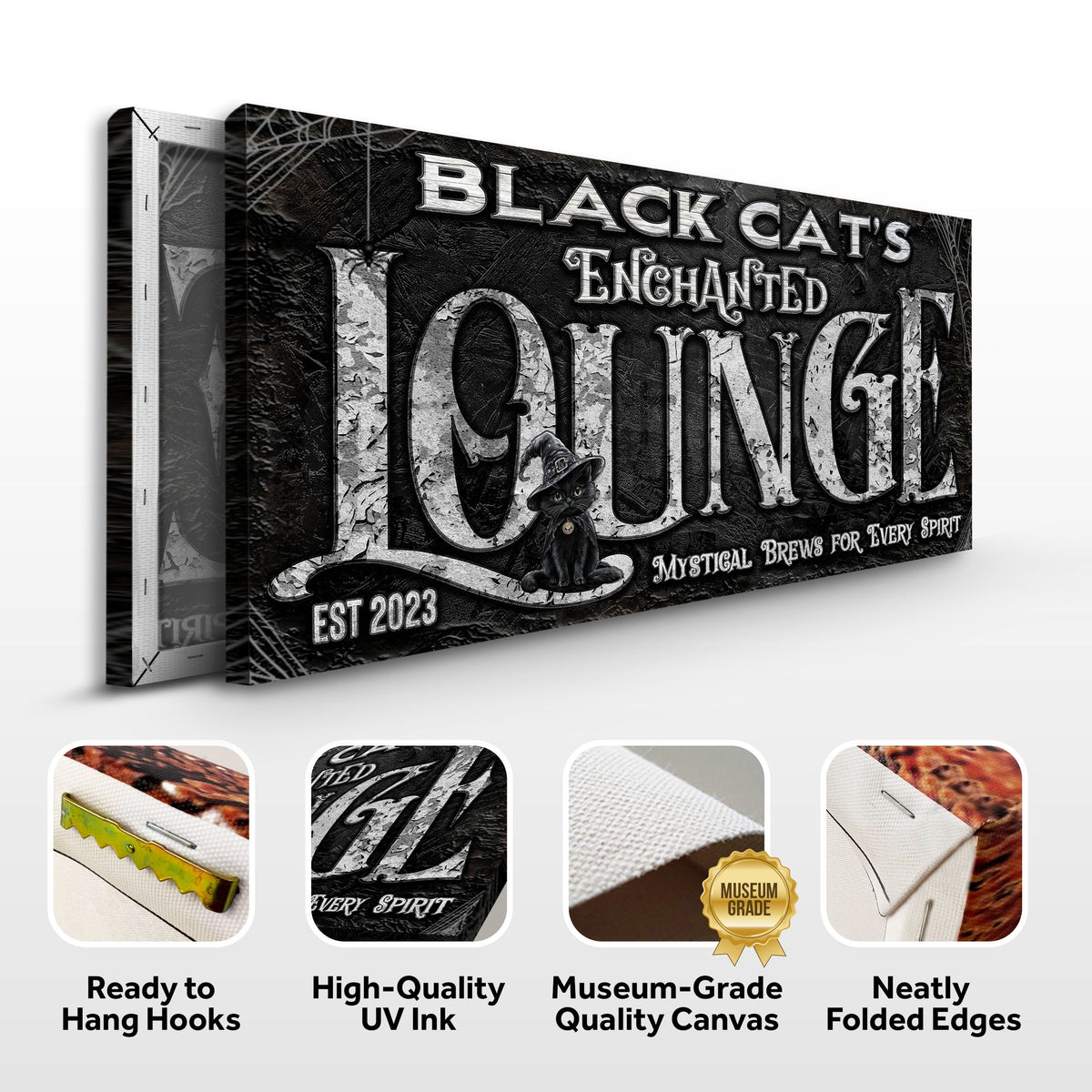 Black Cat's Enchanted Lounge Halloween Sign by Tailored Canvases