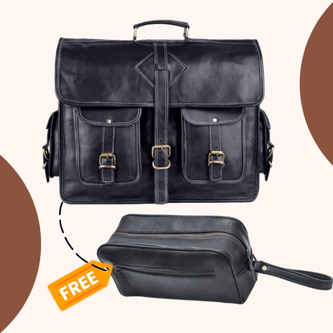 The Retro Black + FREE Toiletry Bag by Classy Leather Bags