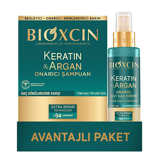 Bioxcin Keratin & Argan Oil Hair Repair Set: Shampoo & Leave-In Conditioner for Damaged Hair, Anti Hair Loss & Intense Hydration by Beauty Care Bag