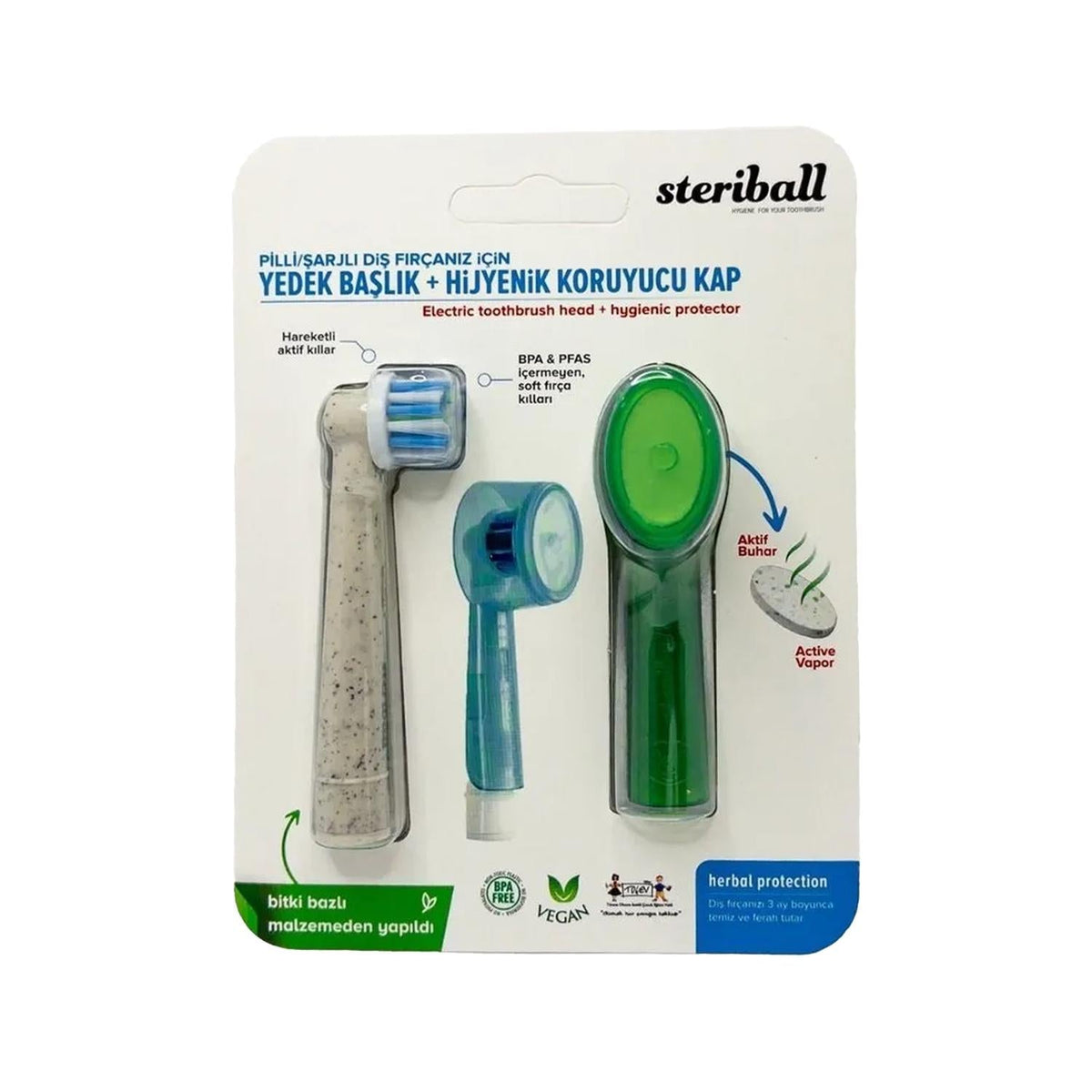 Steriball Electric Toothbrush Replacement Head with Hygienic Protective Cap - Compatible Steriball Toothbrush Accessory by Beauty Care Bag