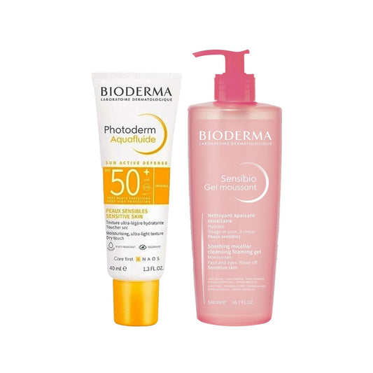 Bioderma Skincare Set - Sensibio Cleansing Gel 500ml & Photoderm Aquafluid Sun Cream 40ml for Sensitive Skin by Beauty Care Bag