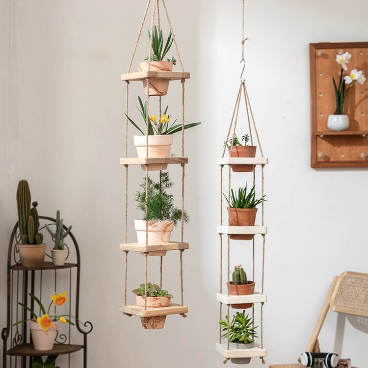 Wooden Rope Hanging Plant Shelf by RusticReach