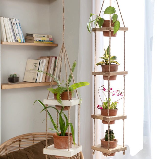 Wooden Rope Hanging Plant Shelf by RusticReach