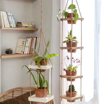 Wooden Rope Hanging Plant Shelf by RusticReach