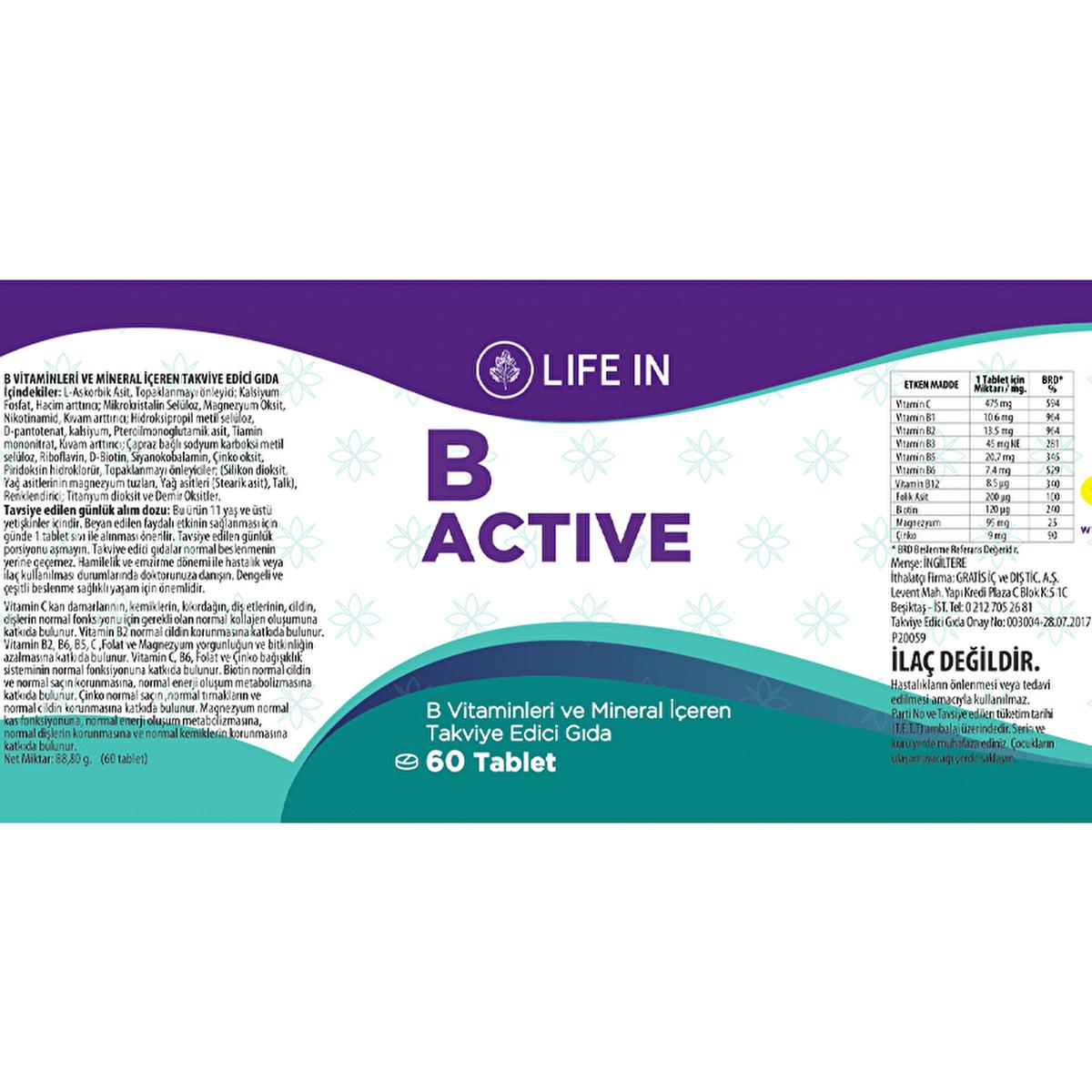 Life In B-Aktif: MultiVitamin Tablet with Vitamin C, Biotin, Zinc, Folate & Magnesium - For Hair, Skin & Nails, 30 Tablets by Beauty Care Bag