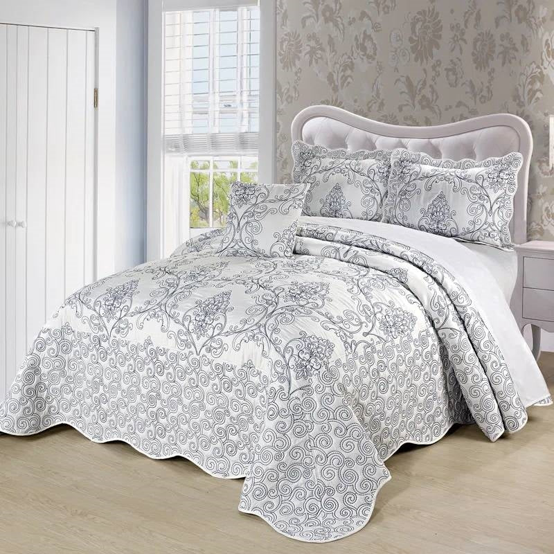 King size White Damask Embroidered 4 Piece Oversized Bedspread Set by HomePacific