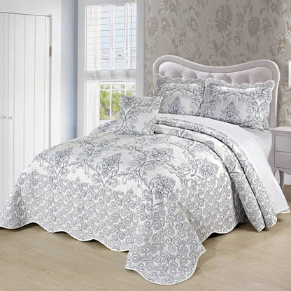 King size White Damask Embroidered 4 Piece Oversized Bedspread Set by HomePacific