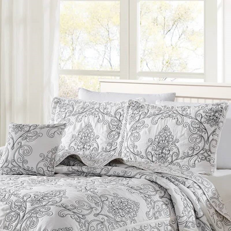 King size White Damask Embroidered 4 Piece Oversized Bedspread Set by HomePacific