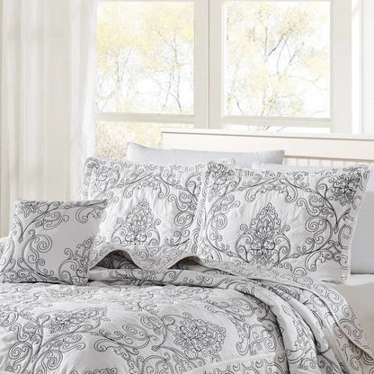 King size White Damask Embroidered 4 Piece Oversized Bedspread Set by HomePacific