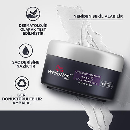 Wella Wellaflex Men's Dynamic Texture Matte Hair Paste - Ultra Strong Hold, Vegan Hair Wax for Long-Lasting Texturized Styles by Beauty Care Bag