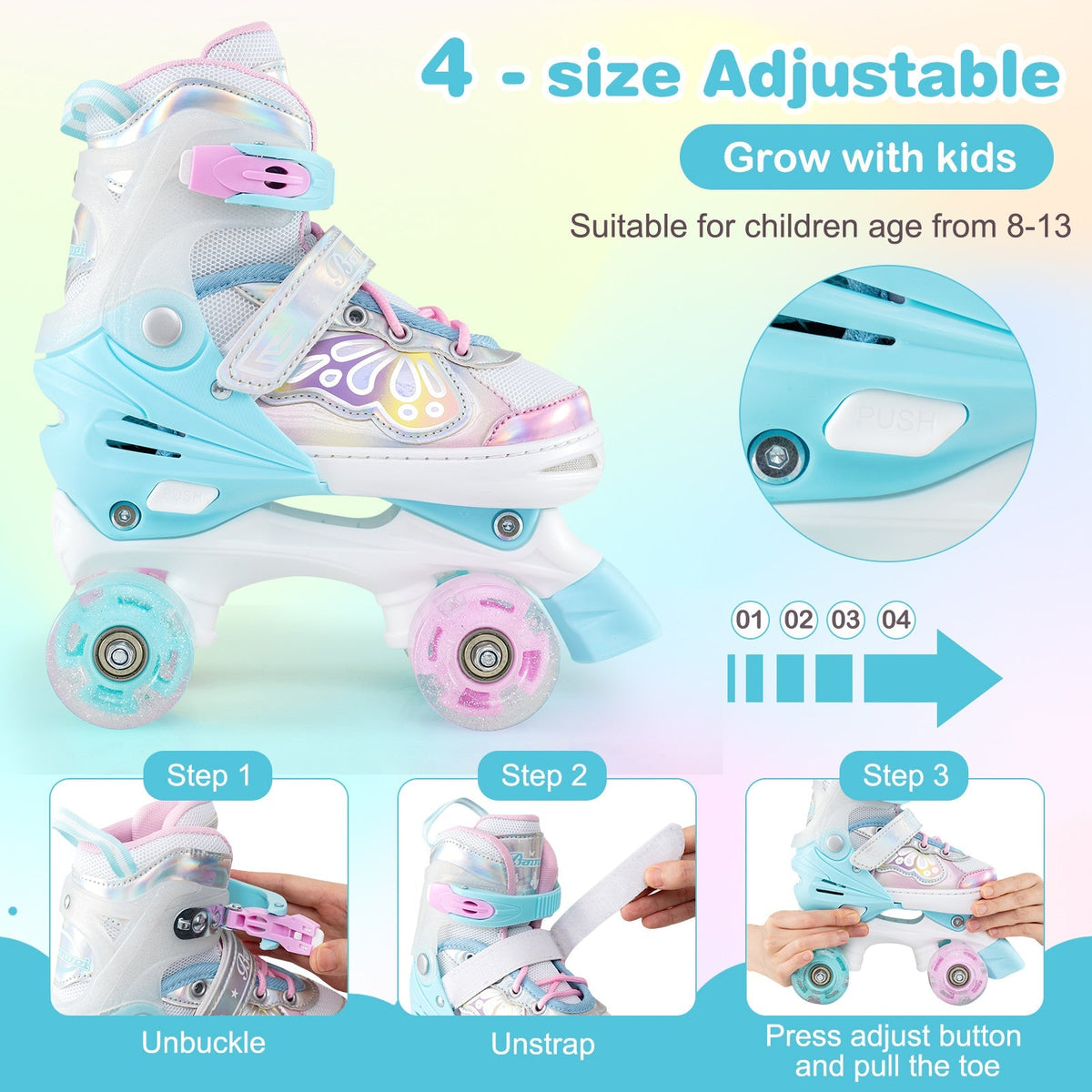 Kids Roller Skates 4 Sizes Adjustable Quad Skates with Light-up Wheels by GBruno Store