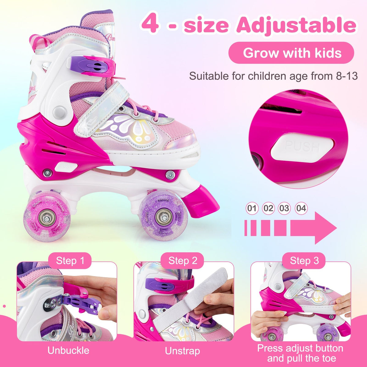 Kids Roller Skates 4 Sizes Adjustable Quad Skates with Light-up Wheels by GBruno Store