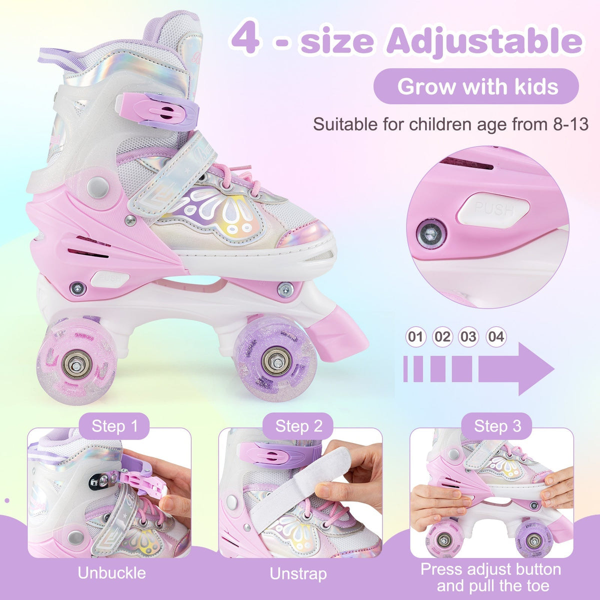 Kids Roller Skates 4 Sizes Adjustable Quad Skates with Light-up Wheels by GBruno Store