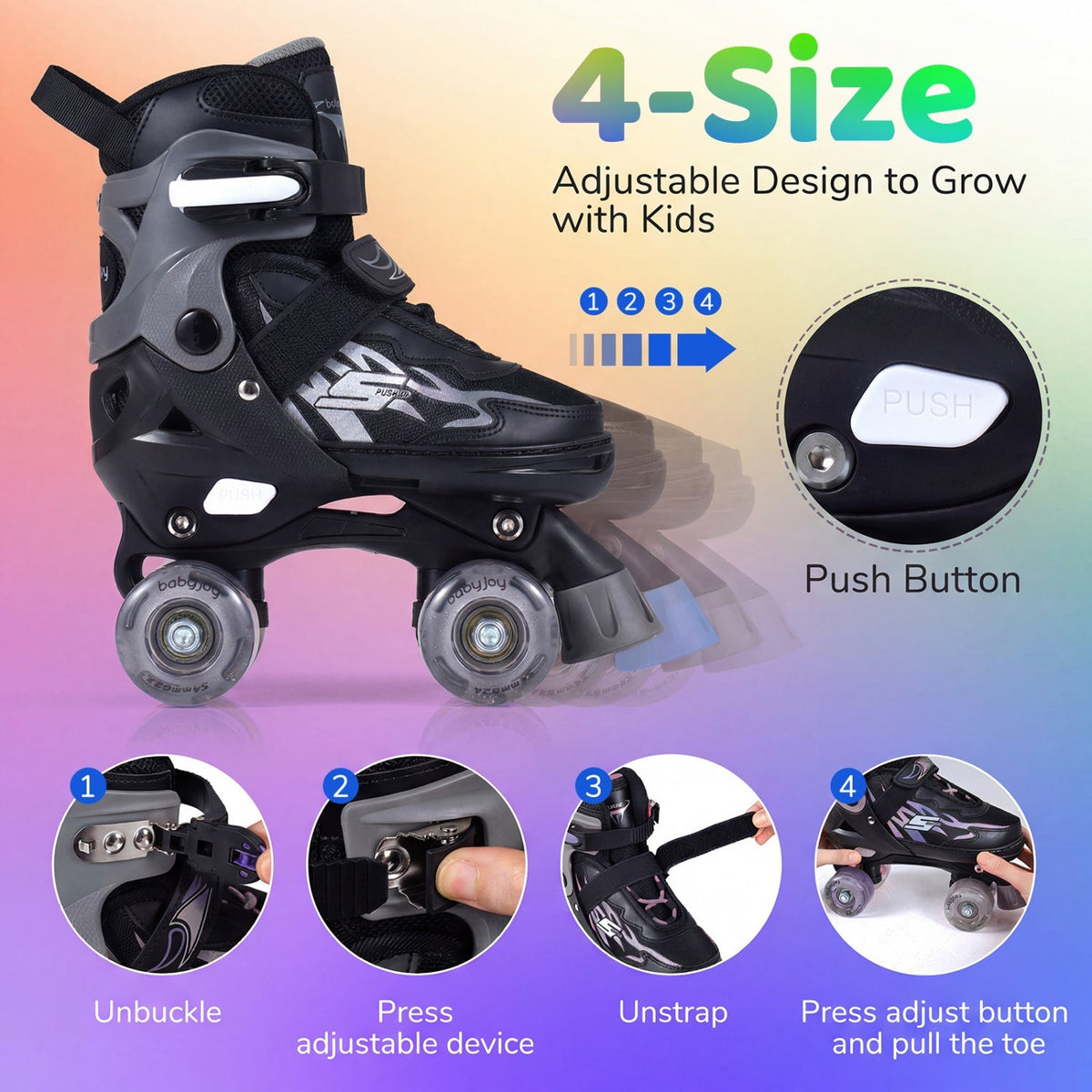 Kids Roller Skates for Girls Boys 4 Sizes Adjustable Quad Skates with Light-up Wheels by GBruno Store