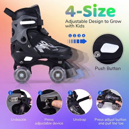 Kids Roller Skates for Girls Boys 4 Sizes Adjustable Quad Skates with Light-up Wheels by GBruno Store