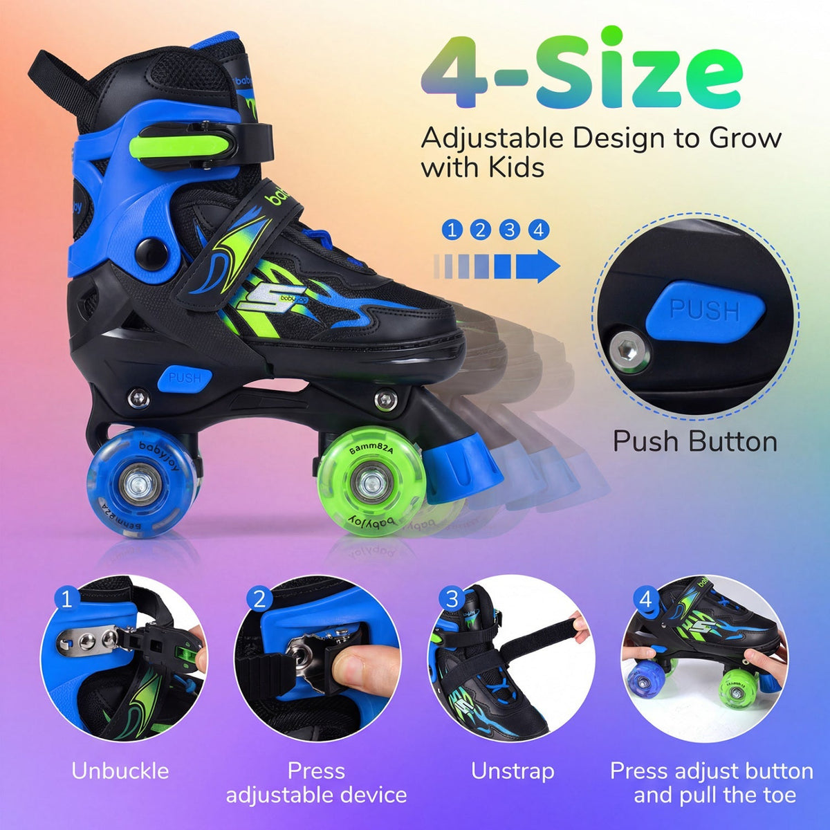 Kids Roller Skates for Girls Boys 4 Sizes Adjustable Quad Skates with Light-up Wheels by GBruno Store