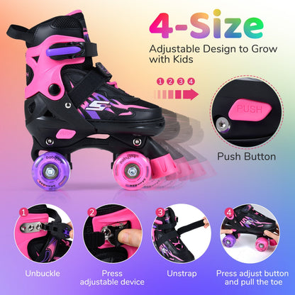 Kids Roller Skates for Girls Boys 4 Sizes Adjustable Quad Skates with Light-up Wheels by GBruno Store