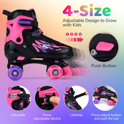 Kids Roller Skates for Girls Boys 4 Sizes Adjustable Quad Skates with Light-up Wheels for Outdoor by GBruno Store