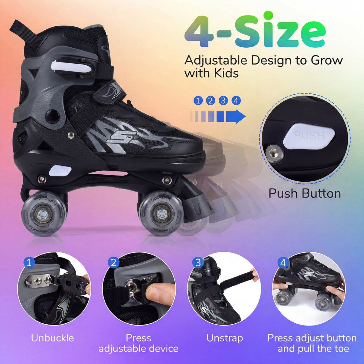 Kids Roller Skates for Girls Boys 4 Sizes Adjustable Quad Skates with Light-up Wheels for Outdoor by GBruno Store