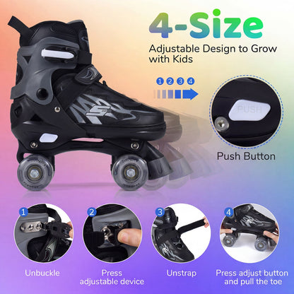 Kids Roller Skates for Girls Boys 4 Sizes Adjustable Quad Skates with Light-up Wheels for Outdoor by GBruno Store