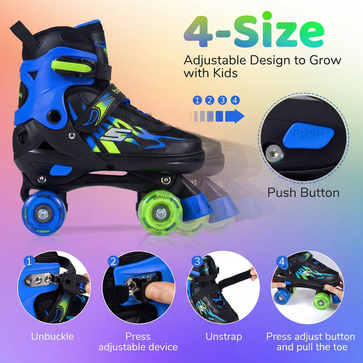Kids Roller Skates for Girls Boys 4 Sizes Adjustable Quad Skates with Light-up Wheels for Outdoor by GBruno Store