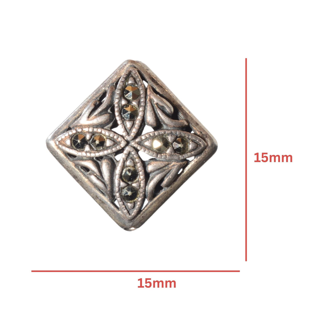 Sterling Silver Marcasite Diamond Bead 15mm - Point to Point Drill by Continental Bead Suppliers