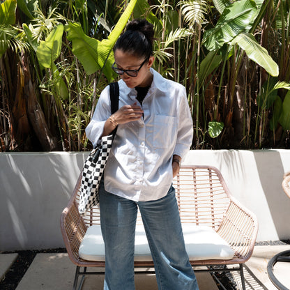 Black Checkered Tote Bag - Washable Cotton Knit with Key Ring by CASUPO