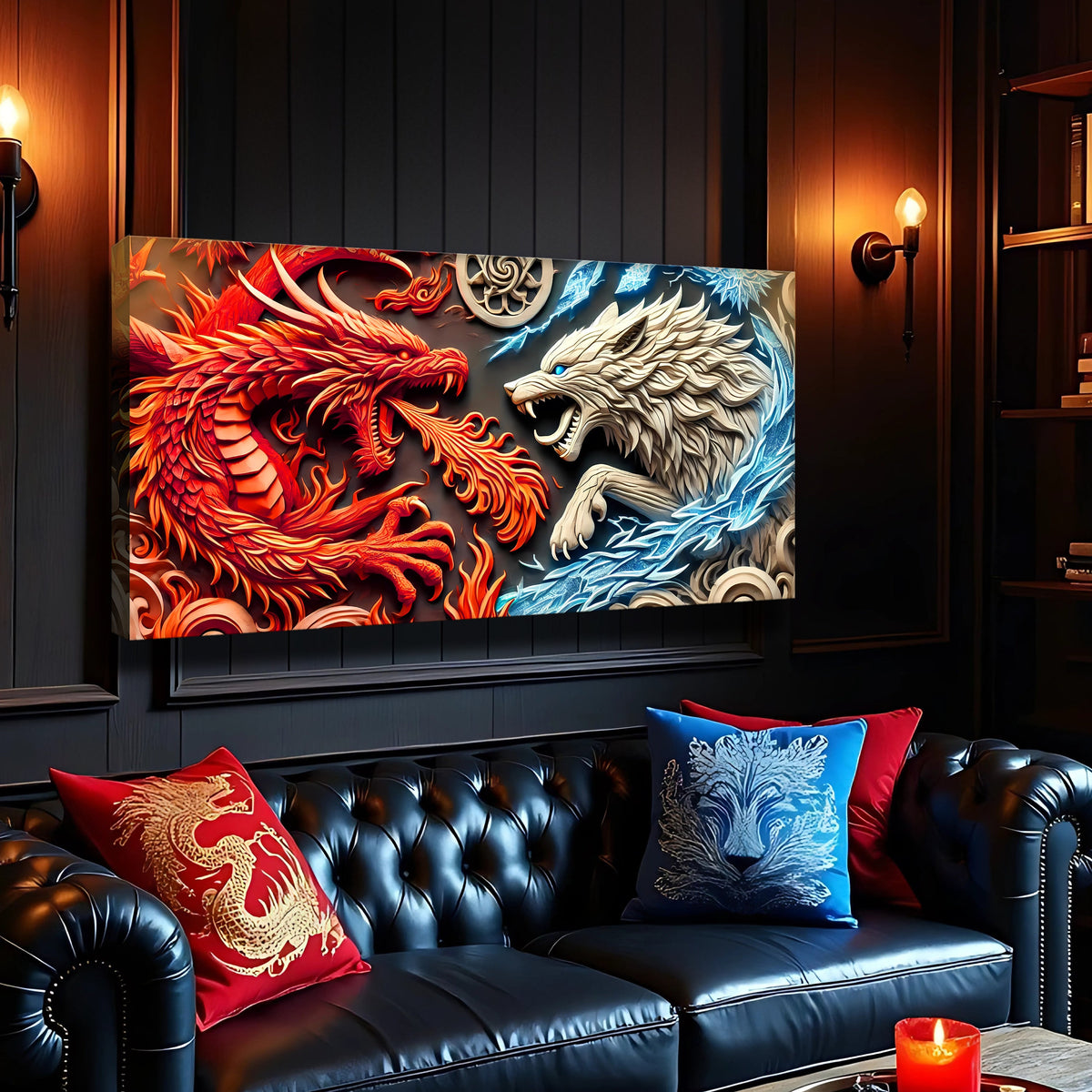Side view of 3D Dragon and Wolf Wall Art V canvas by Tailored Canvases on a wall