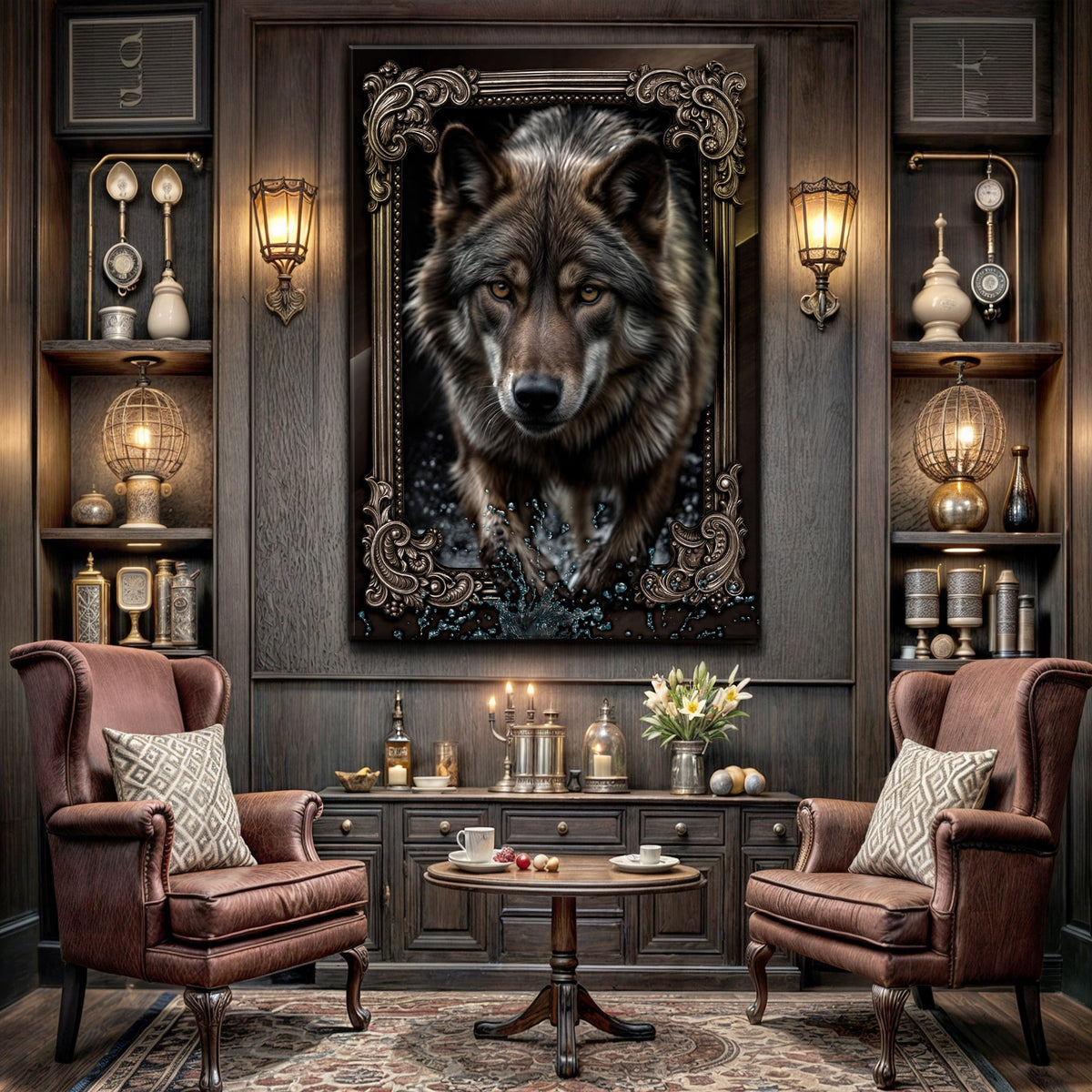 3D Wolf Wall Art II canvas by Tailored Canvases shown in a room setting