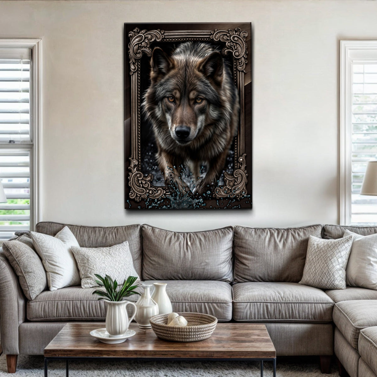 3D Wolf Wall Art II canvas by Tailored Canvases shown in a room setting, view 3