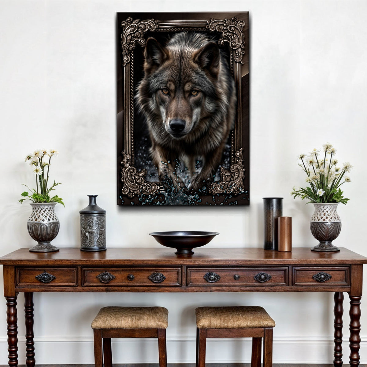 3D Wolf Wall Art II canvas by Tailored Canvases shown in a room setting, view 5