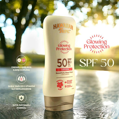 Hawaiian Tropic Glowing Protection SPF 50 Sunscreen Lotion - UVA/UVB, Vegan & Cruelty-Free, Moisturizing - 6.09 fl oz by Beauty Care Bag