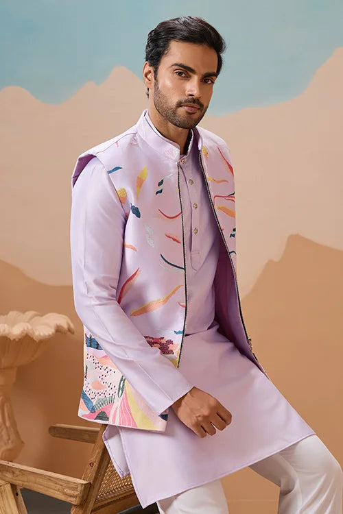 Lavender Wedding Carnival Koti Kurta Set for Mens by Cyan Butterscotch