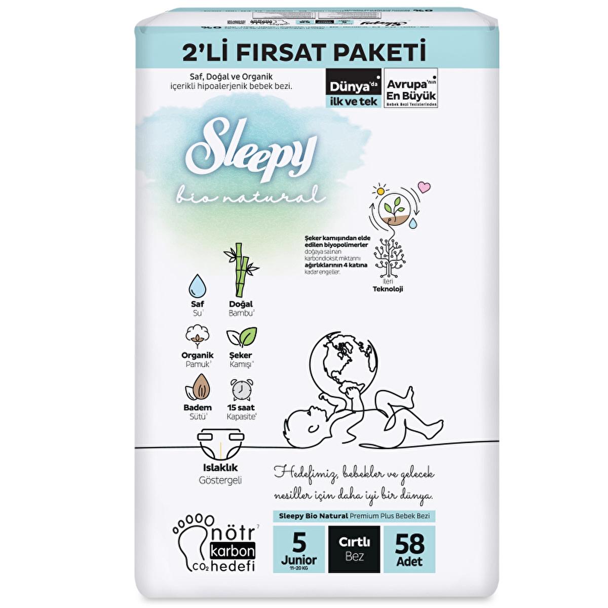Sleepy Bio Natural Junior Baby Diapers (Size 5): Natural Bamboo, Organic Cotton | 15-Hour Absorbency, Wetness Indicator, Eco-Friendly by Beauty Care Bag