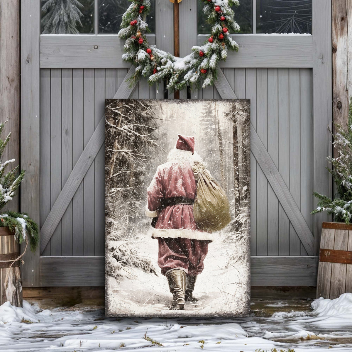 Vintage Santa Claus in Winter Forest Christmas Wall Art III by Tailored Canvases