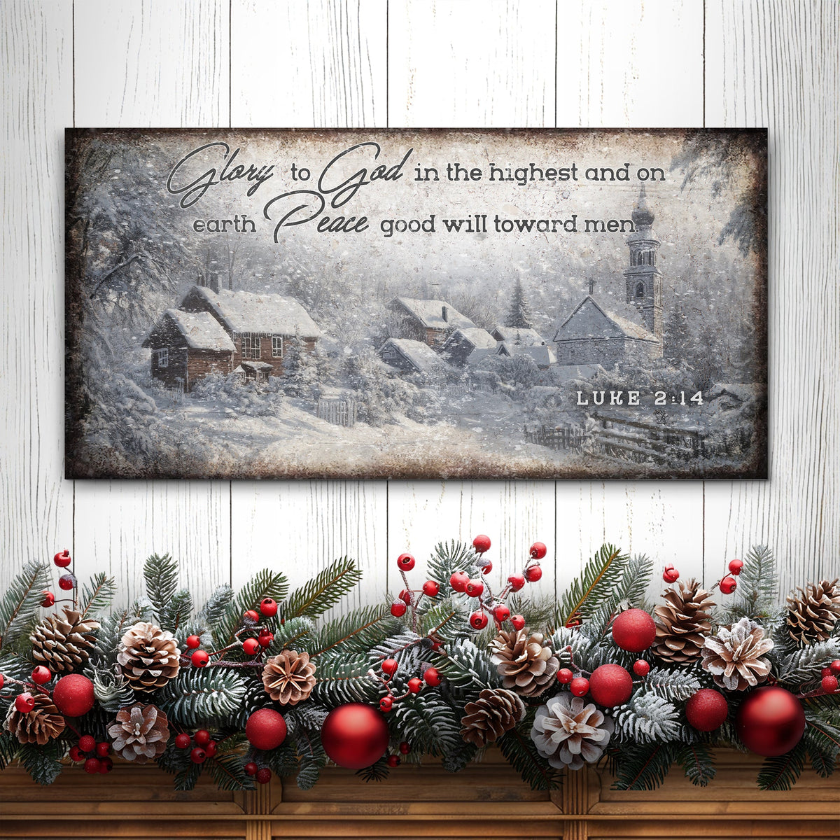 Vintage Christmas Village Luke 2:14 Scripture Sign II by Tailored Canvases