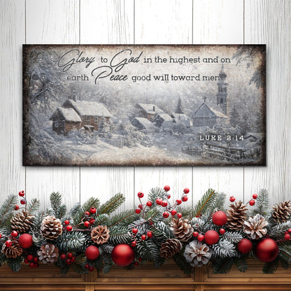 Vintage Christmas Village Luke 2:14 Scripture Sign II by Tailored Canvases