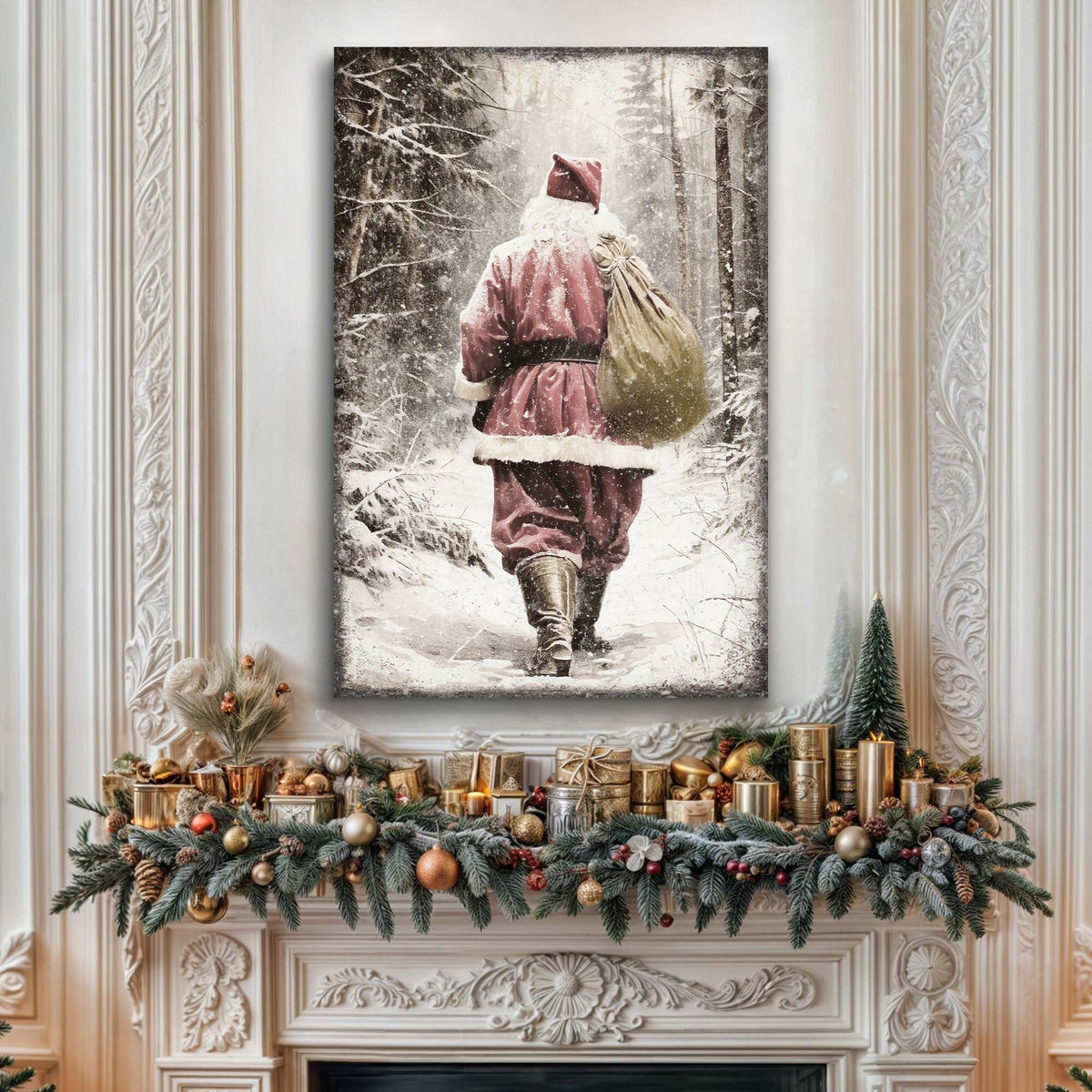 Vintage Santa Claus in Winter Forest Christmas Wall Art III by Tailored Canvases