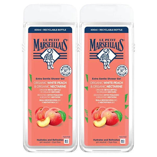 Le Petit Marseillais Peach Shower Gel Set - 2 x 400ml Bottles - Natural & Moisturizing for Gentle Skin Cleansing by Beauty Care Bag